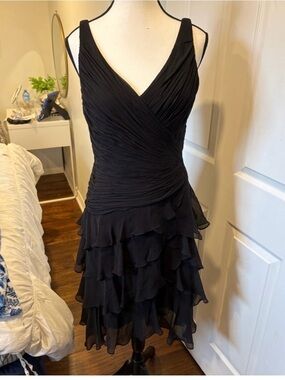 Betsy & Adam Silk Ruffle Midi Dress 8 Black